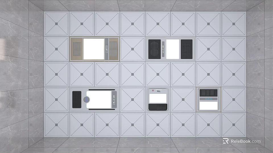 Modern Kitchen With Built in Electronic Appliances On Geometric Patterned Wall 3d model 
