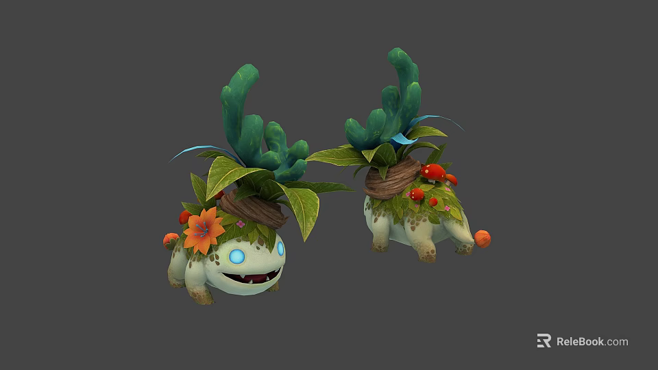 Two Cute Cartoon Reptiles With Green Coral Leaves And Red Fruits On Their Bodies 3d model 