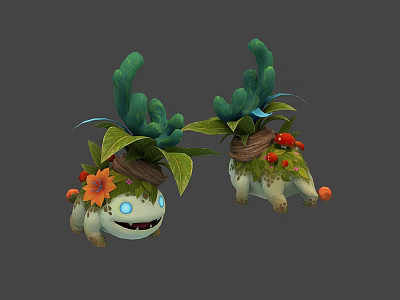 Two Cute Cartoon Reptiles With Green Coral Leaves And Red Fruits On Their Bodies 3d model