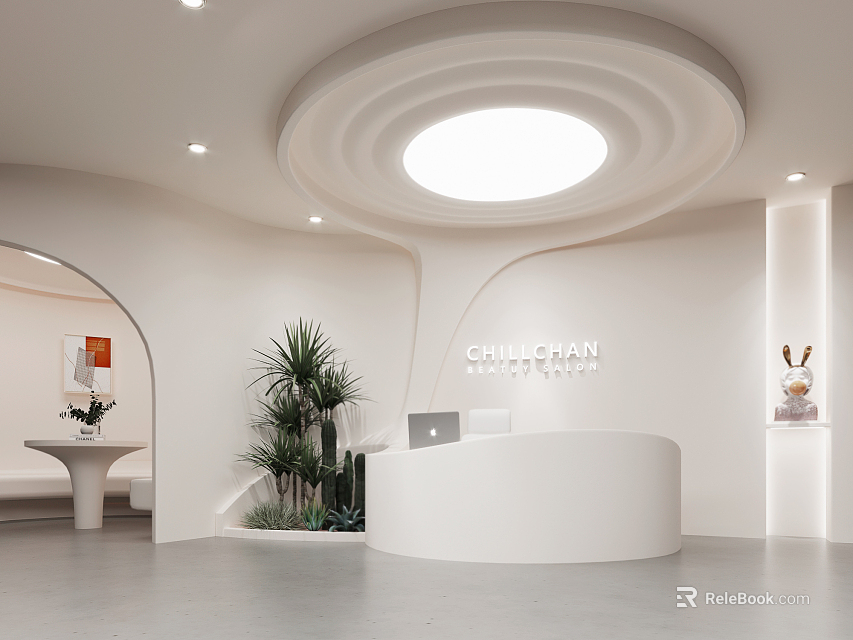 Stylish Modern Hair Salon Interior With White Reception Desk Green Plants And Round Ceiling Light 3d model 