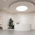 Stylish Modern Hair Salon Interior With White Reception Desk Green Plants And Round Ceiling Light