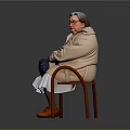 Elderly Woman Sitting On Chair With Beige Coat Blue Polka Dot Bag And Orange Shoes