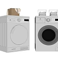 Two White Front Loading Washing Machines With Wooden Box Cloth And Transparent Containers On Top