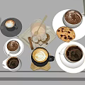 Assorted Coffee Cups With Latte Espresso And Cookies On Silver Tray 3d model