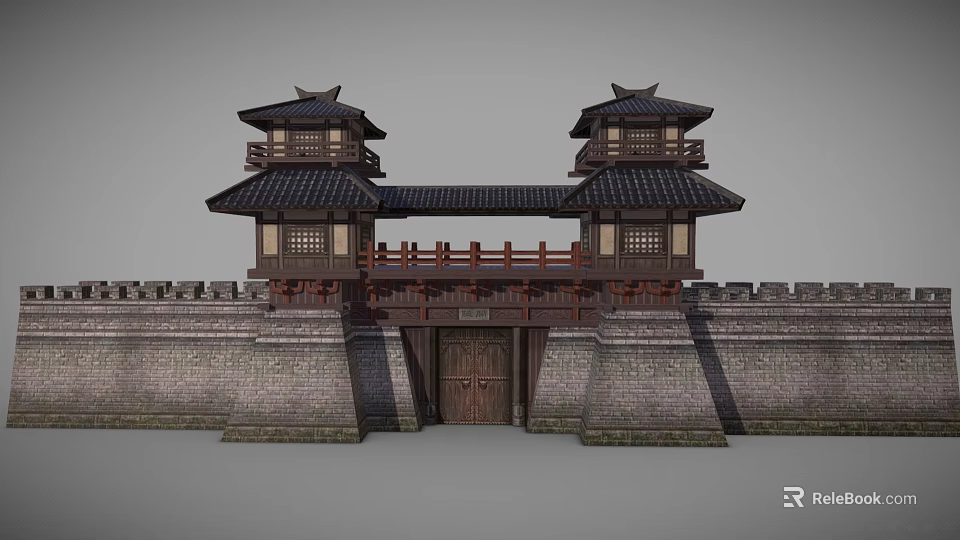 Ancient Architecture Gate Featuring Twin Towers Black Roofs Wooden Structure And Stone Walls 3d model 