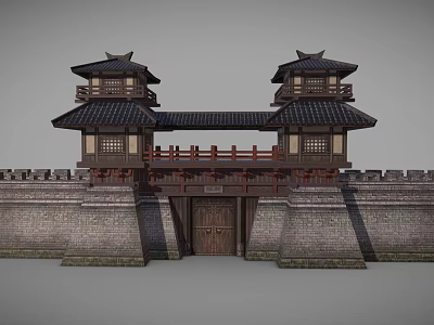 Ancient Architecture Gate Featuring Twin Towers Black Roofs Wooden Structure And Stone Walls 3d model