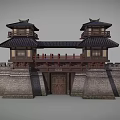 Ancient Architecture Gate Featuring Twin Towers Black Roofs Wooden Structure And Stone Walls