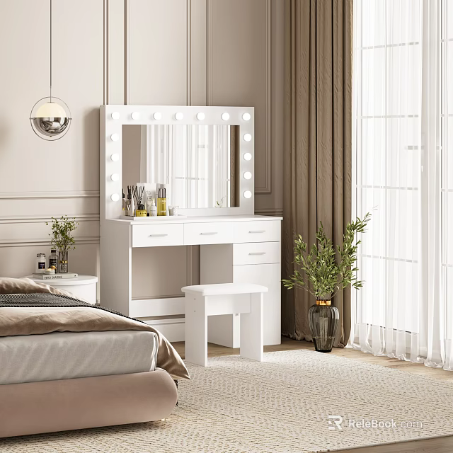 White Vanity with Lighted Mirror Drawers and Stool in Bedroom Featuring Cosmetics and Potted Plant 3d model 