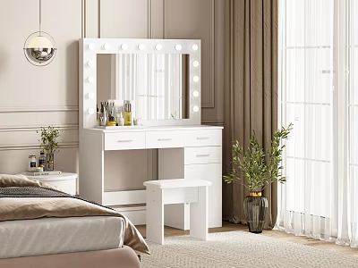 White Vanity with Lighted Mirror Drawers and Stool in Bedroom Featuring Cosmetics and Potted Plant 3d model