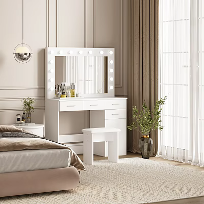 White Vanity with Lighted Mirror Drawers and Stool in Bedroom Featuring Cosmetics and Potted Plant 3d model