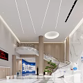 Modern Restaurant Interior With Marble Wall Spiral Staircase Reception Desk Green Plants And Large Windows