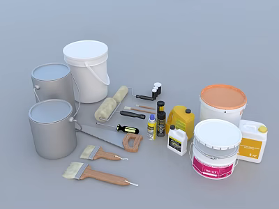 Decorative Ornament Set Featuring Silver White Buckets Brushes Scrapers Tape And Small Bottles 3d model