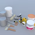 Decorative Ornament Set Featuring Silver White Buckets Brushes Scrapers Tape And Small Bottles