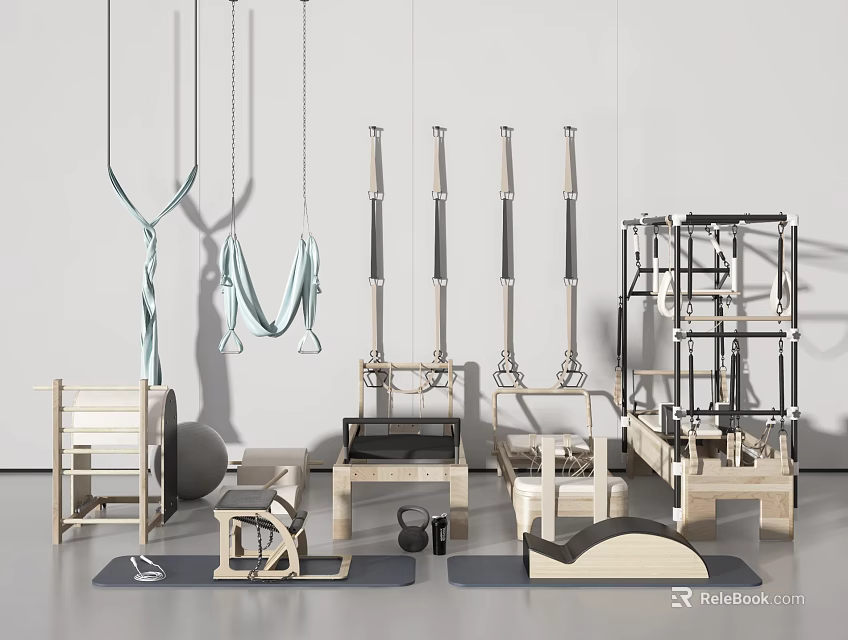 Collection of Wooden Fitness Equipment With Hanging Straps Gymnastic Rings Kettlebell And Exercise Mat 3d model 
