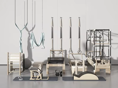 Collection of Wooden Fitness Equipment With Hanging Straps Gymnastic Rings Kettlebell And Exercise Mat 3d model