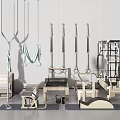 Collection of Wooden Fitness Equipment With Hanging Straps Gymnastic Rings Kettlebell And Exercise Mat