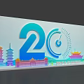 20th Anniversary Photo Check in Spot with Clock Design and Colorful Landmark Buildings