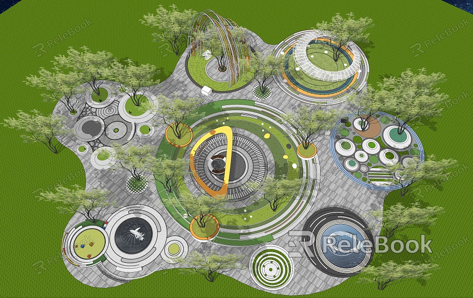 Modern Park Round View Municipal Pocket Park Landscape Citizen Activity Leisure Square Community Park Tree Pool Seat model