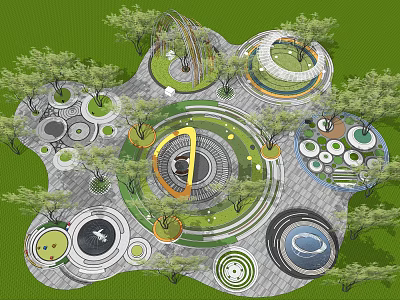Park Landscape Design With Circular Walkways Greenery Water Features And Recreational Areas 3d model