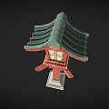 Traditional Japanese Red Lantern With Green Roof Square Shade And Stone Base