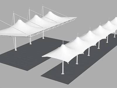 Array Of Tensile Membrane Canopies With White Support Poles For Outdoor Spaces 3d model