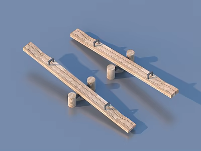 Playground Equipment Two Wooden Seesaws With Cylindrical Supports And Wooden Planks 3d model