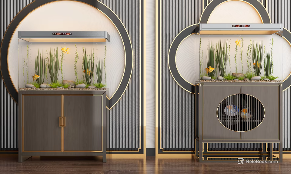 Modern Aquarium Fish Tanks With Gray Gold Cabinets Green Plants And Yellow Flowers 3d model 