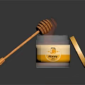 Fresh Honey in Glass Jar with Golden Lid and Wooden Dipper Dripping