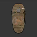 Blue And White Wooden Boat With Small Cabin Red Green Boxes And Antenna On Deck