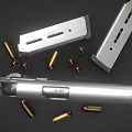 Close Up View of Silver Pistol with Open Magazine and Scattered Bullets