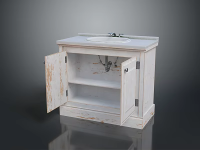 White Bathroom Vanity With Open Doors Shelves And Round Sink In Vintage Style 3d model