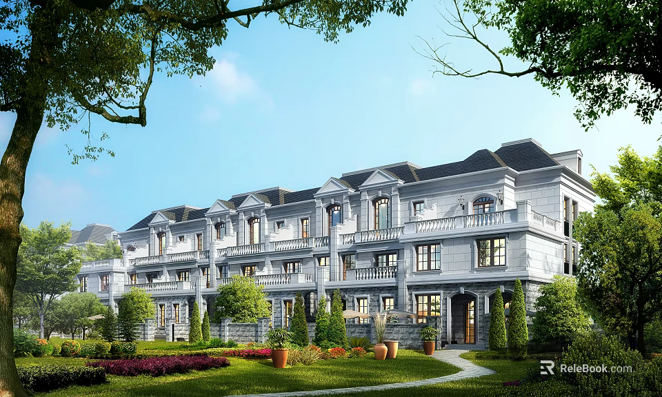 Elegant Row Townhouse Exterior Featuring Stone Facade Balconies Garden Path And Lush Greenery 3d model 