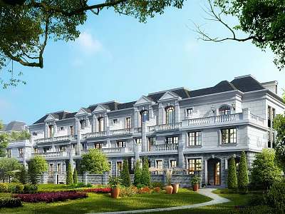 Elegant Row Townhouse Exterior Featuring Stone Facade Balconies Garden Path And Lush Greenery 3d model