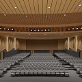 Spacious Conference Room Interior With Ceiling Design Rows Of Seats Projection Screen And Wooden Walls