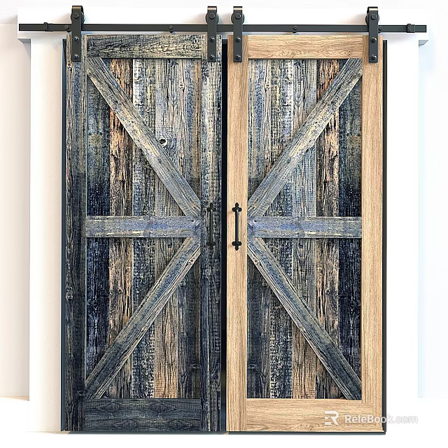Rustic Wooden Double Barn Doors With Cross Beam Design For Interior Spaces 3d model