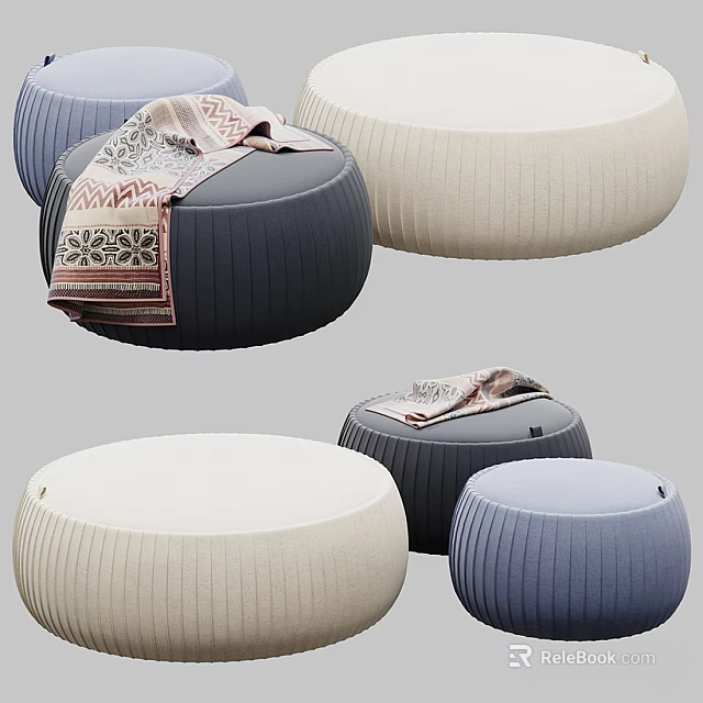 Multi Colored Round Ottoman Poufs With Patterned Blanket And Soft Fabric 3d model 