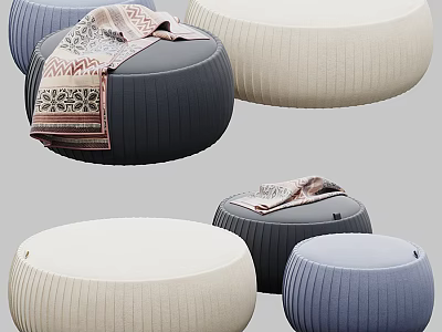 Multi Colored Round Ottoman Poufs With Patterned Blanket And Soft Fabric 3d model