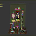 Mini Room Interior With Green Wall Wooden Shelf Mirror Sink Stool And Yellow Doll