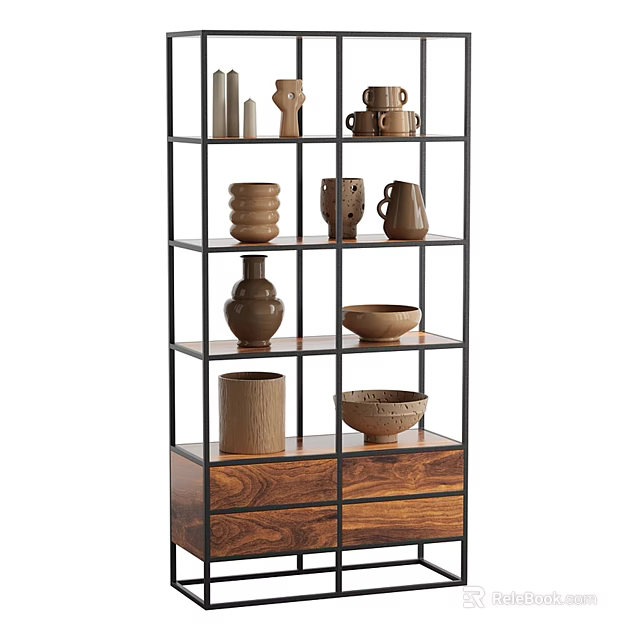 Modern Minimalist Multi-tiered Storage Shelving Unit With Metal Frame Wooden Drawers And Decorative Vases Bowls 3d model 