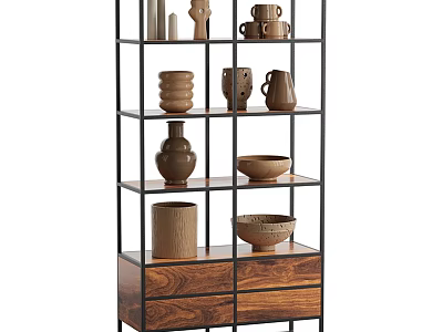 Modern Minimalist Multi-tiered Storage Shelving Unit With Metal Frame Wooden Drawers And Decorative Vases Bowls 3d model