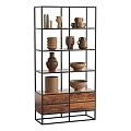 Modern Minimalist Multi-tiered Storage Shelving Unit With Metal Frame Wooden Drawers And Decorative Vases Bowls
