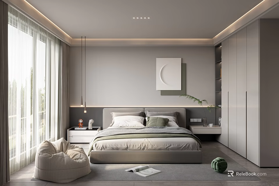 Modern Minimalist Bedroom Interior With King Size Bed Round Wall Art And Built in Wardrobes 3d model 