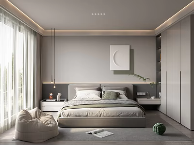Modern Minimalist Bedroom Interior With King Size Bed Round Wall Art And Built in Wardrobes 3d model