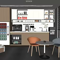 Modern Break Room Interior with Refrigerator Coffee Machine Cabinets Table and Orange Black Chairs