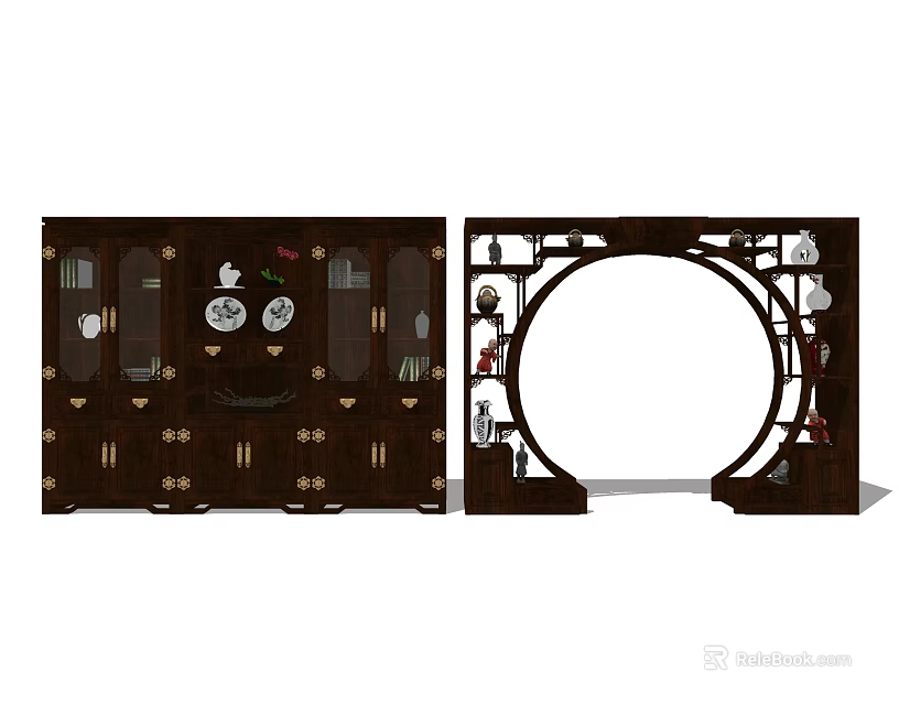Traditional Chinese Style Wooden Bookcase With Circular Design And Decorative Items 3d model 