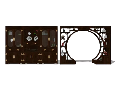 Traditional Chinese Style Wooden Bookcase With Circular Design And Decorative Items 3d model