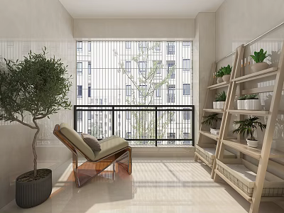 Home Balcony With Sunlight Large Green Plant Black Planter Lounge Chair Wooden Shelf Small Plants 3d model