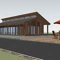Rustic Wooden Rest Stop With Outdoor Seating Red Umbrella And Lush Trees