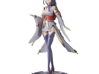 Anime Figure With Purple Hair Traditional Kimono Red Obi Standing Pose Thigh High Boots 3d model