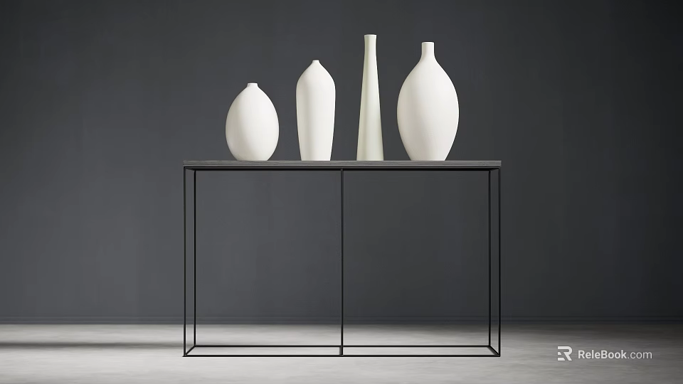 Four White Vases Arranged On Black Metal Frame Table Against Dark Gray Wall 3d model 